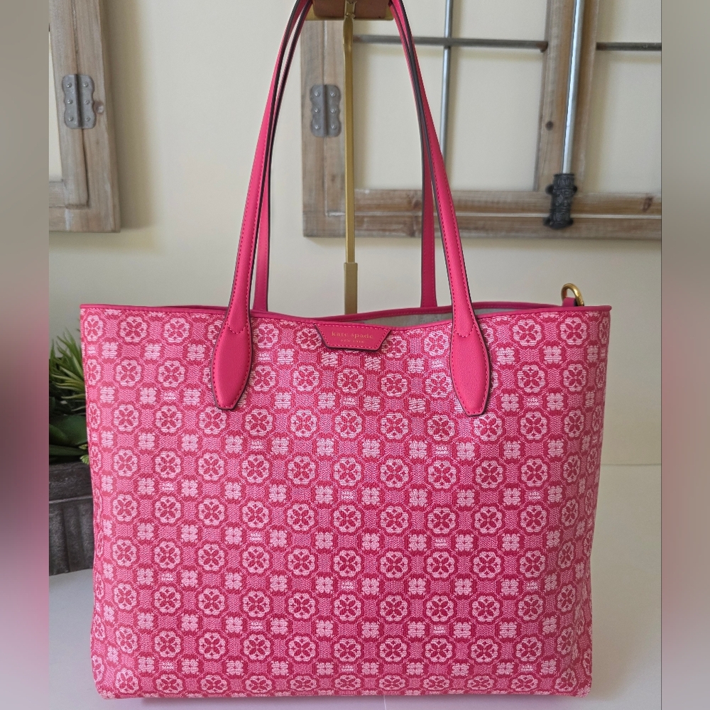 Kate Spade Raspberry Pink Spade Flower Monogram XL Canvas Tote + Pouch- NWOT - Picture 14 of 16